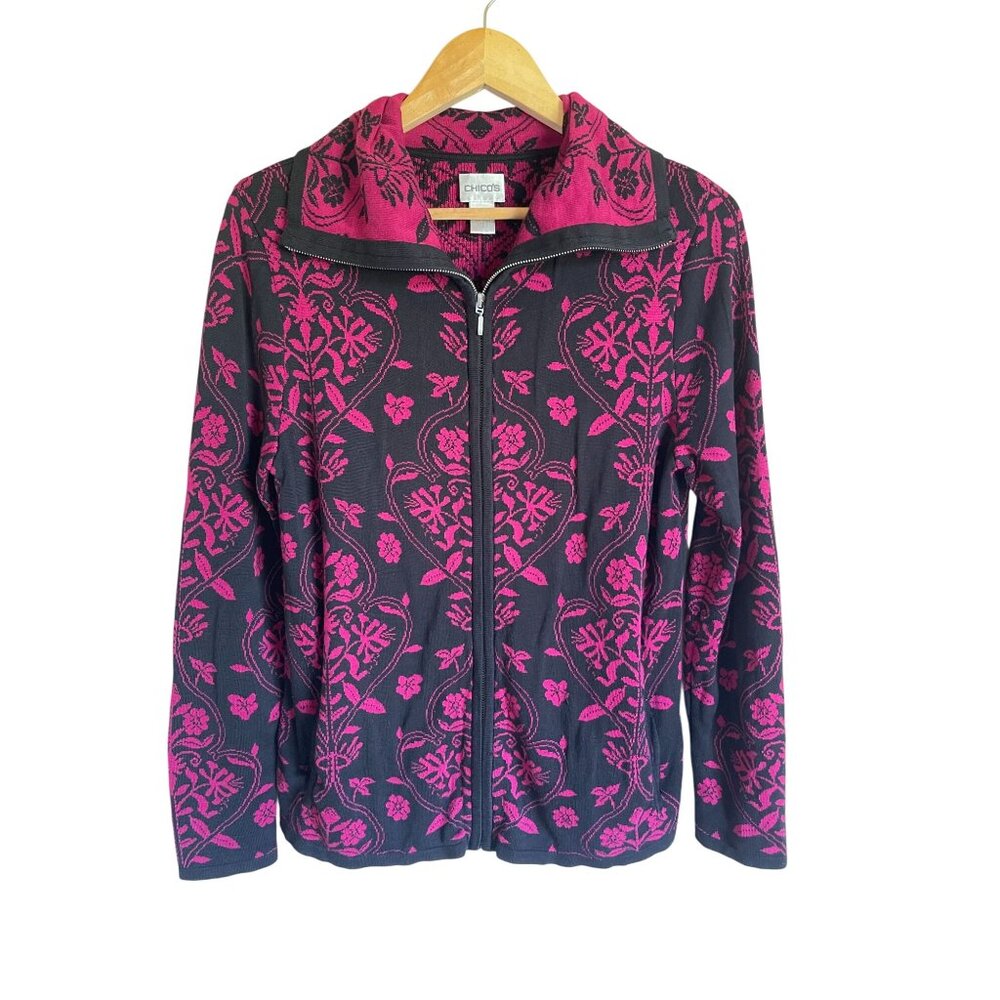 Chico's Size 1/Medium Pink Black Paisley Brocade Floral Full ZIp Knit Cardigan S - Picture 1 of 7